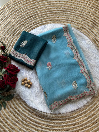 Pure Chiffon Saree with Embroidery & Contrast Raw Silk Blouse