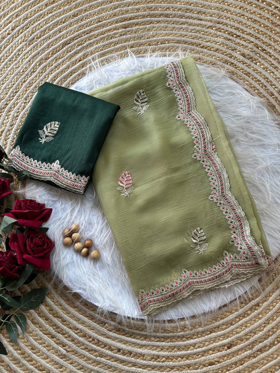 Pure Chiffon Saree with Embroidery & Contrast Raw Silk Blouse