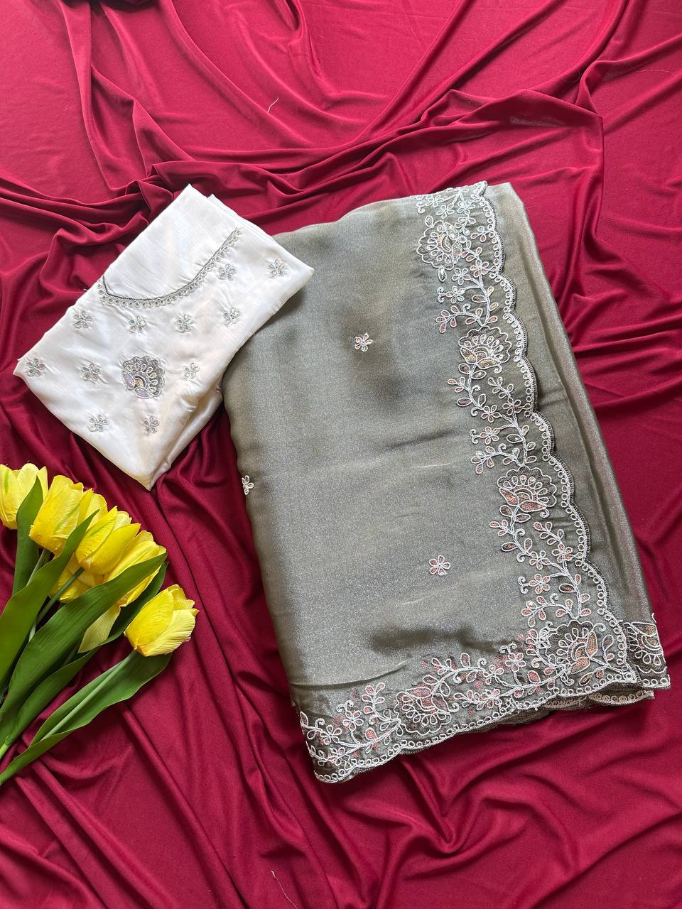 Shimmer Tissue Saree with Sequin Embroidery & Jaipuri Silk Blouse