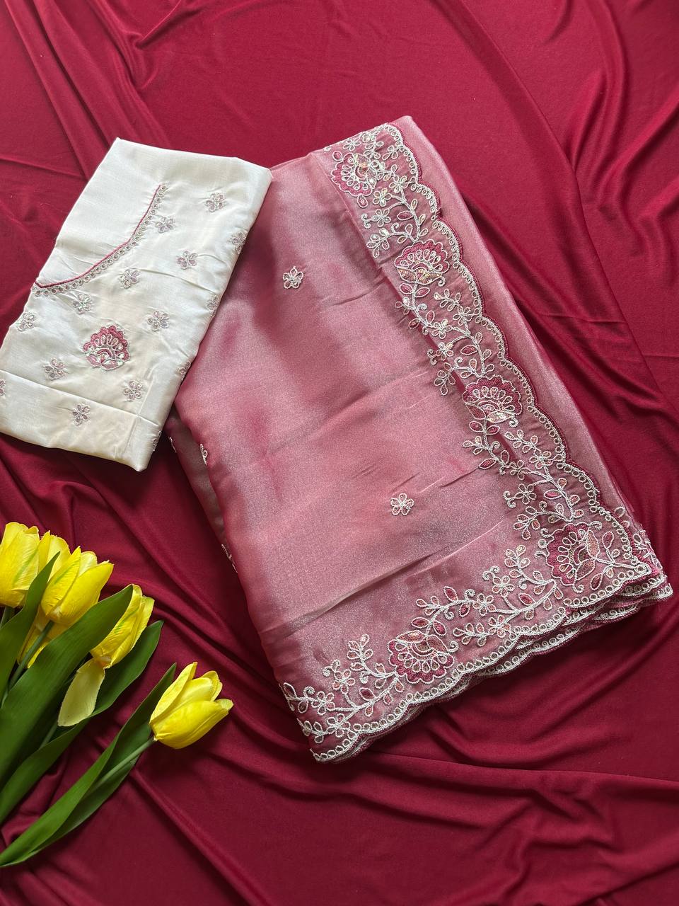 Shimmer Tissue Saree with Sequin Embroidery & Jaipuri Silk Blouse