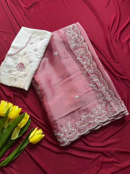 Shimmer Tissue Saree with Sequin Embroidery & Jaipuri Silk Blouse