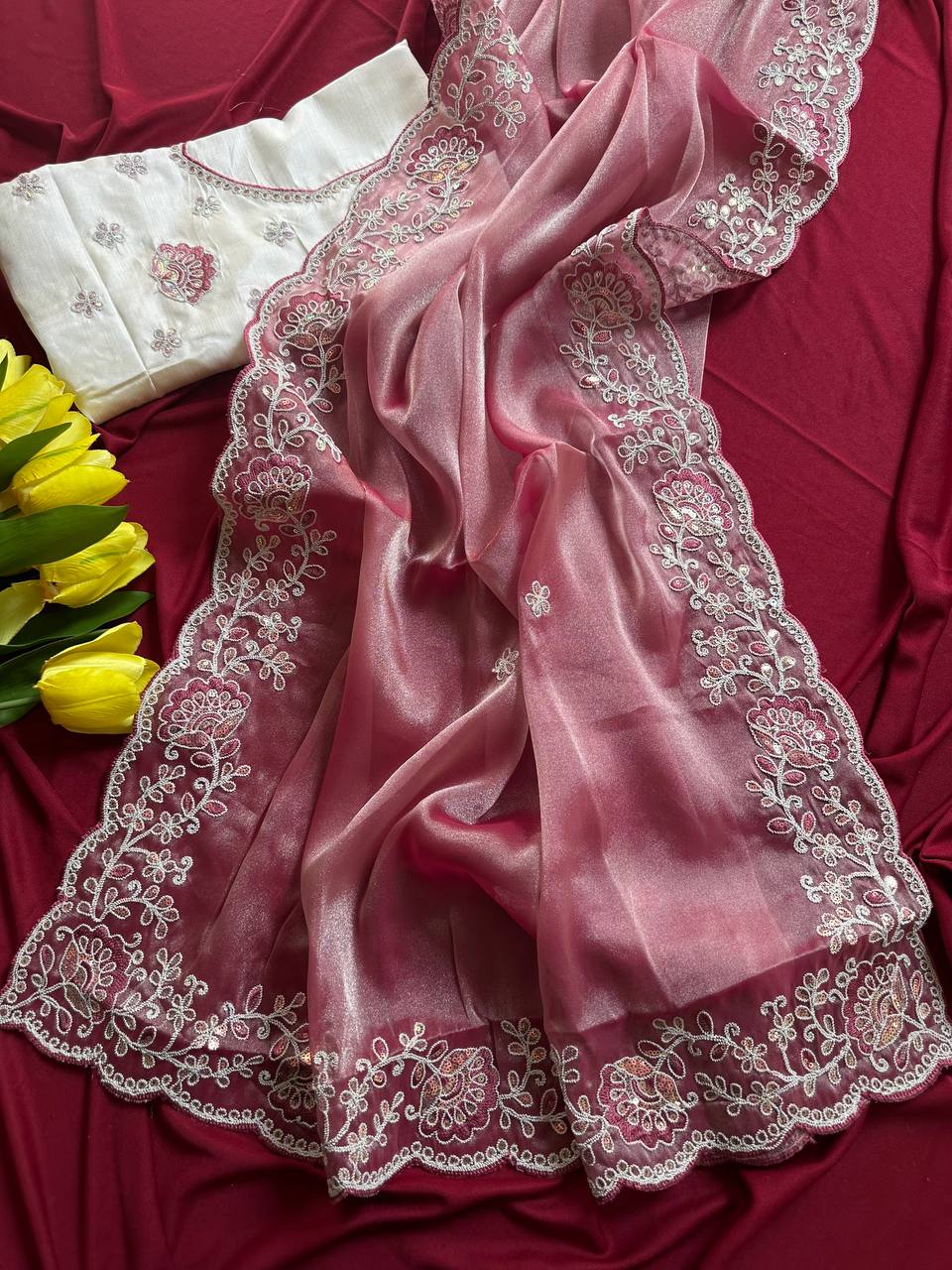 Shimmer Tissue Saree with Sequin Embroidery & Jaipuri Silk Blouse