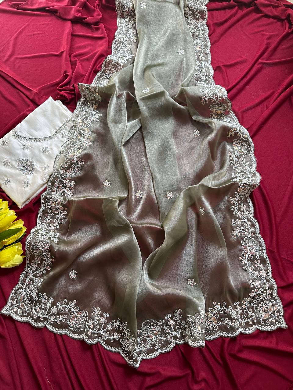 Shimmer Tissue Saree with Sequin Embroidery & Jaipuri Silk Blouse