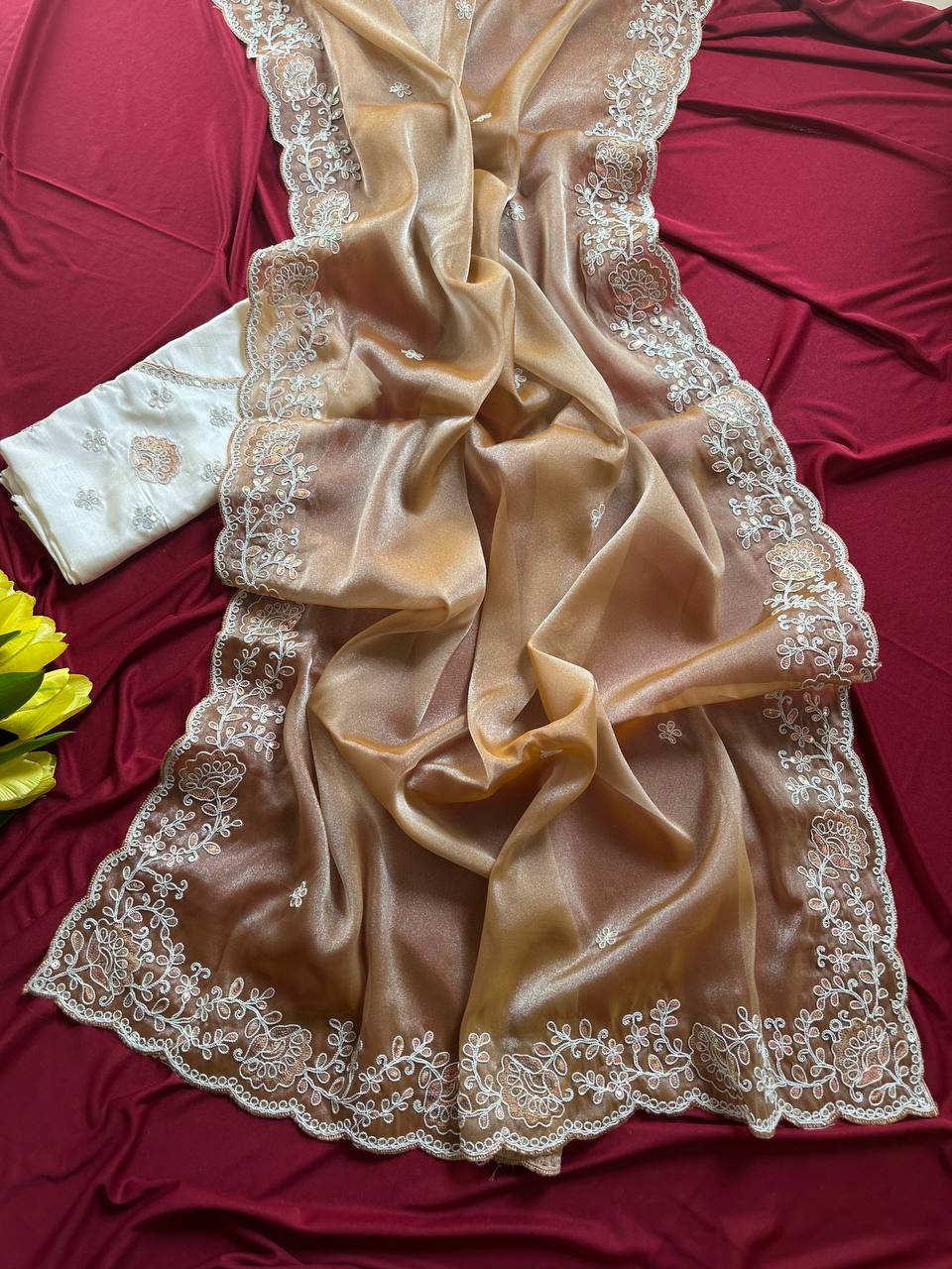 Shimmer Tissue Saree with Sequin Embroidery & Jaipuri Silk Blouse