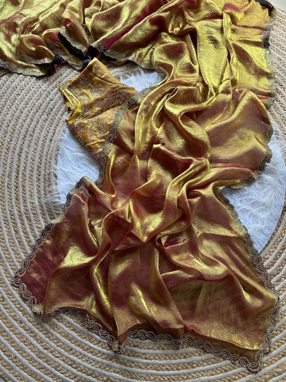 Fandy Satin Silk Saree with Jarkhan Work & Stitched Blouse