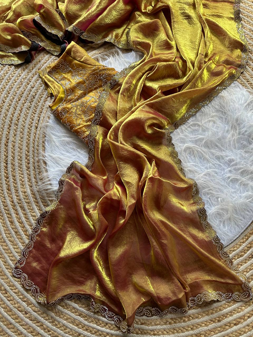 Fandy Satin Silk Saree with Jarkhan Work & Stitched Blouse