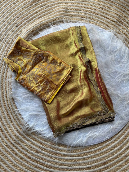 Fandy Satin Silk Saree with Jarkhan Work & Stitched Blouse