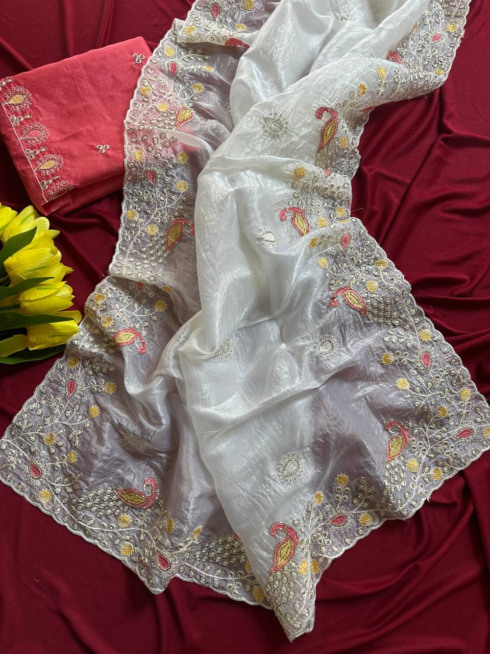 Crushed Organza Saree with Peacock Embroidery & Cutdana Work