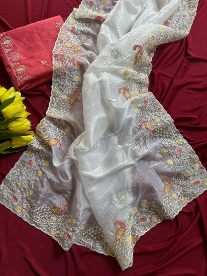 Crushed Organza Saree with Peacock Embroidery & Cutdana Work