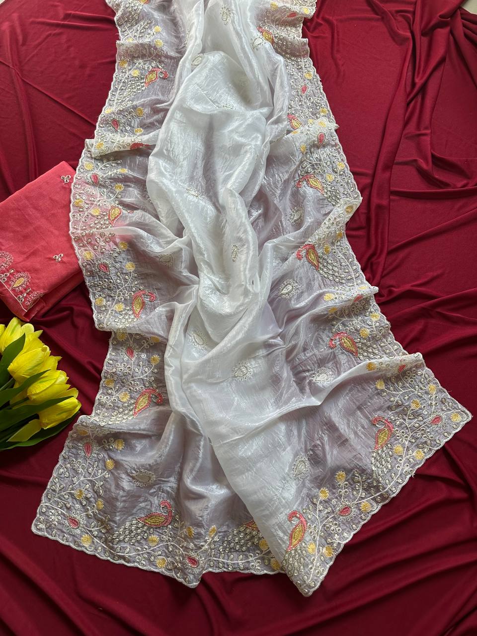 Crushed Organza Saree with Peacock Embroidery & Cutdana Work