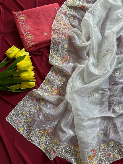Crushed Organza Saree with Peacock Embroidery & Cutdana Work