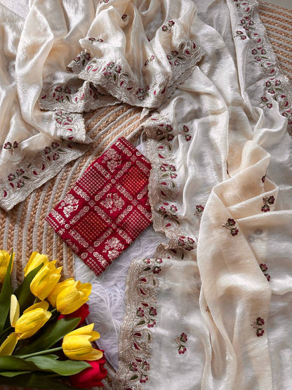 Cream Shimmer Saree with Embroidery & Red Woven Blouse