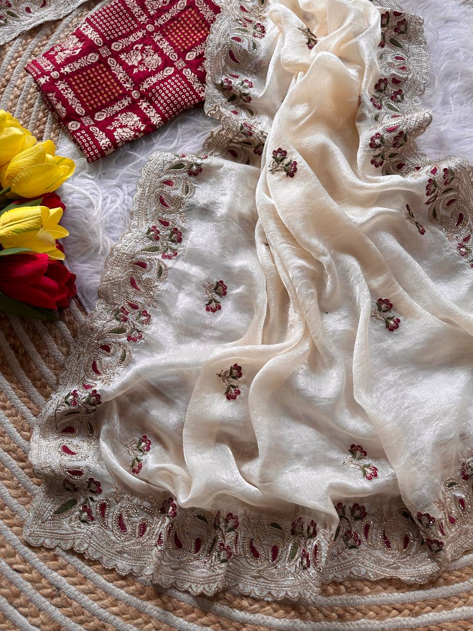 Cream Shimmer Saree with Embroidery & Red Woven Blouse