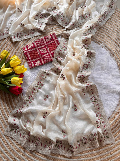 Cream Shimmer Saree with Embroidery & Red Woven Blouse
