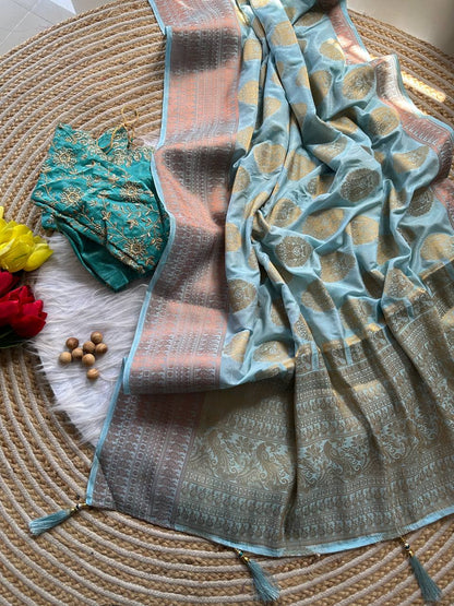 Dola Silk Weaving Saree with Stitched Embroidered Blouse
