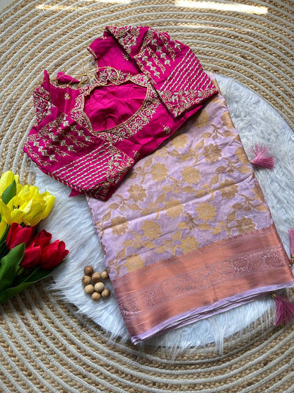 Dola Silk Weaving Saree with Stitched Embroidered Blouse