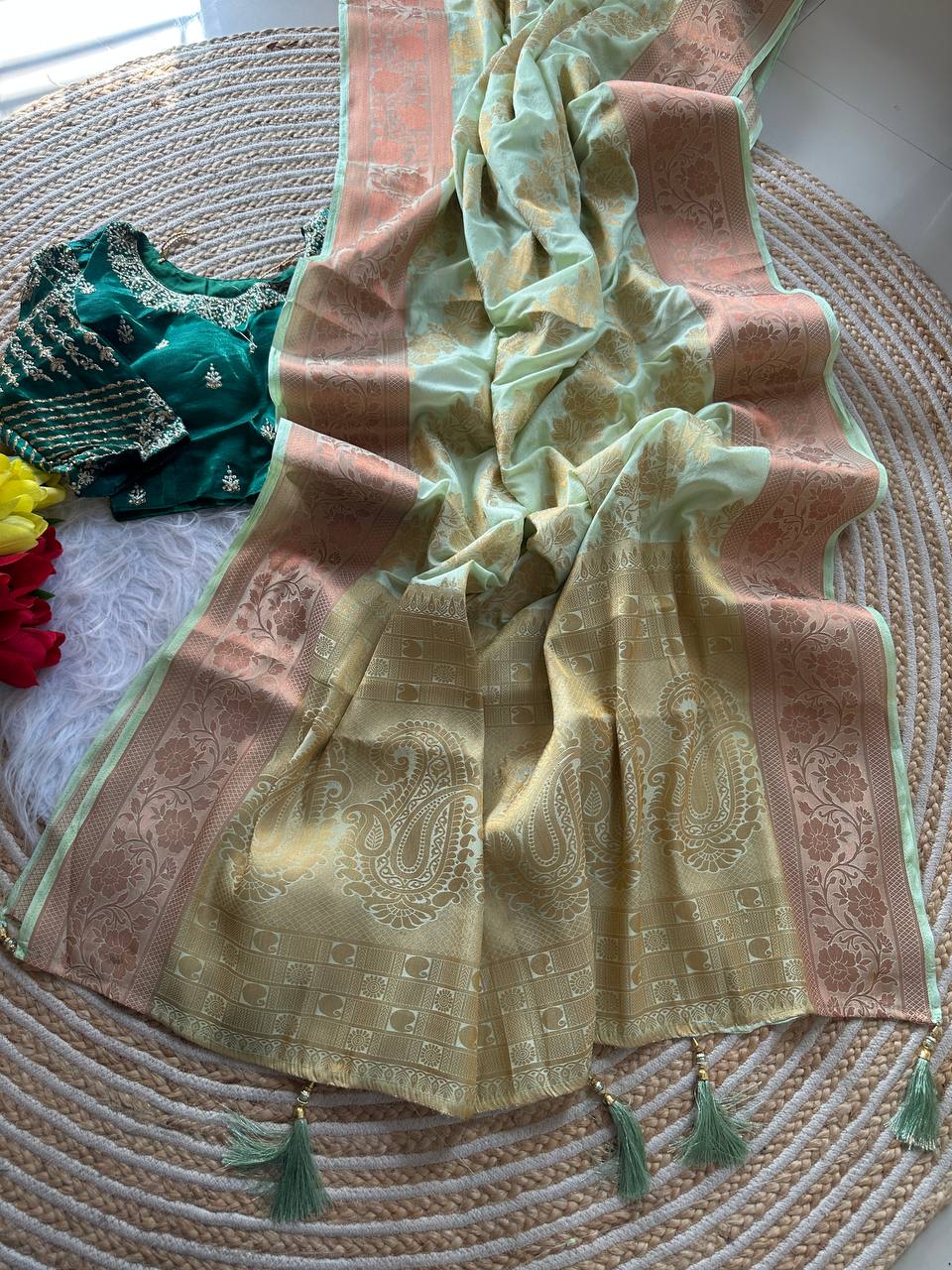 Dola Silk Weaving Saree with Stitched Embroidered Blouse