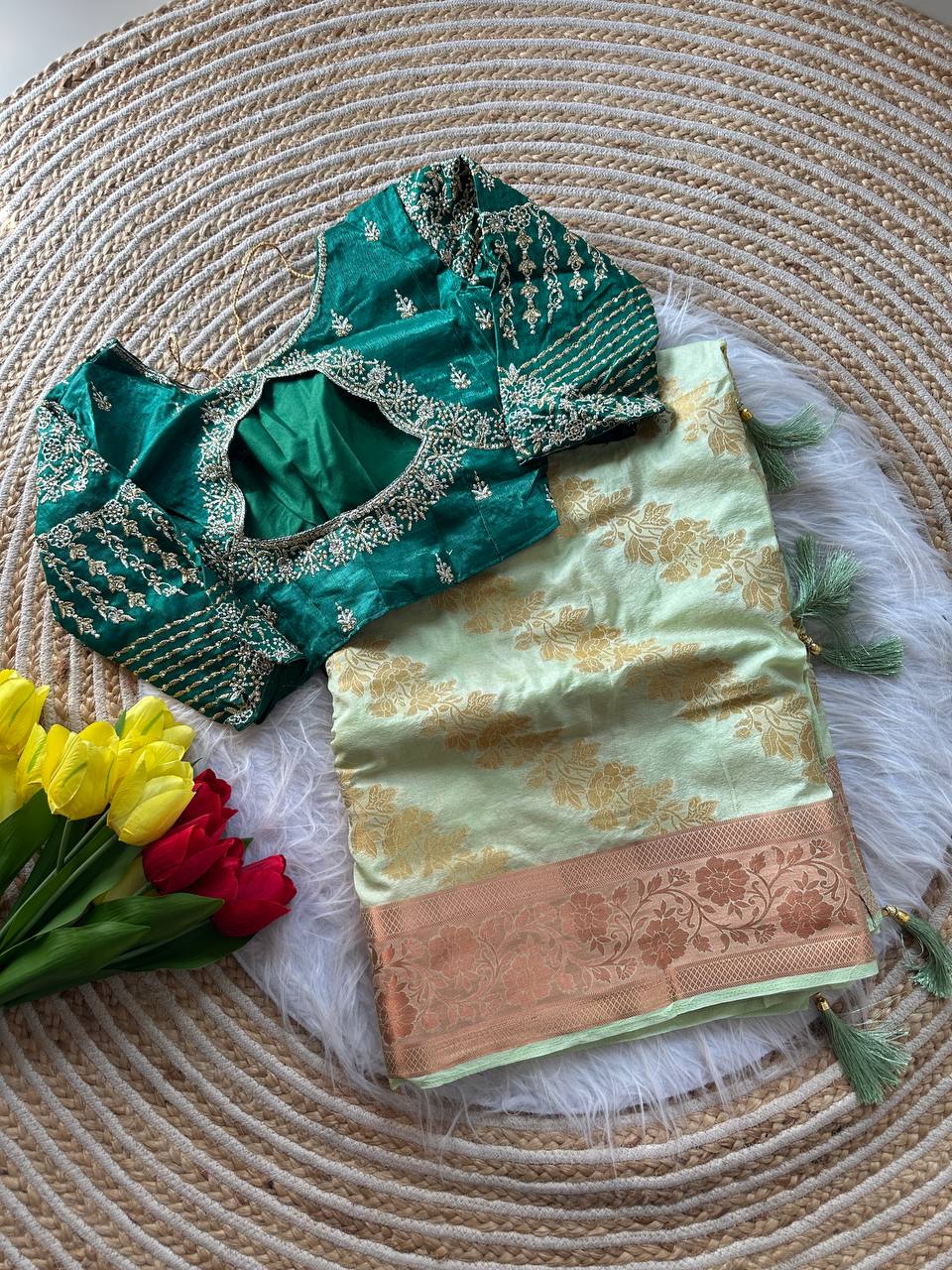 Dola Silk Weaving Saree with Stitched Embroidered Blouse