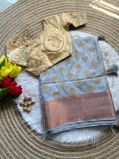Dola Silk Weaving Saree with Stitched Embroidered Blouse