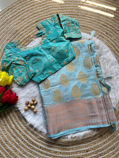 Dola Silk Weaving Saree with Stitched Embroidered Blouse
