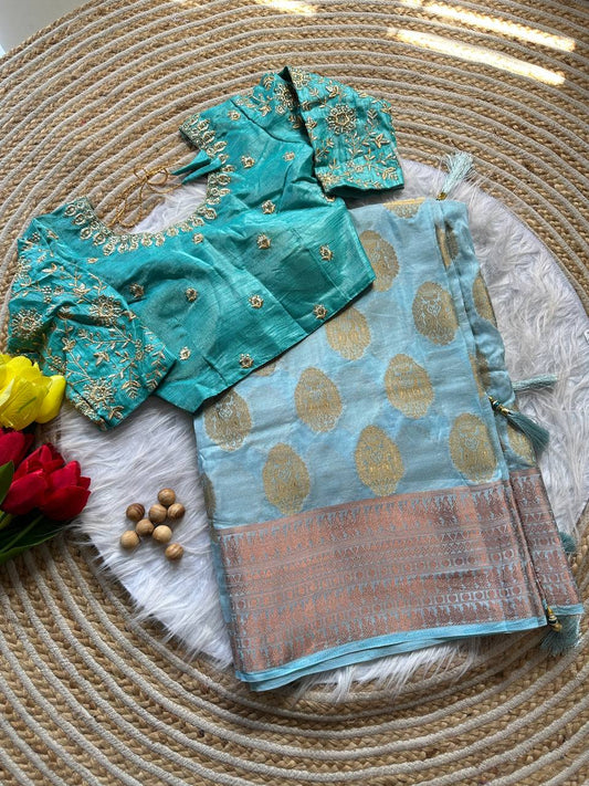 Dola Silk Weaving Saree with Stitched Embroidered Blouse