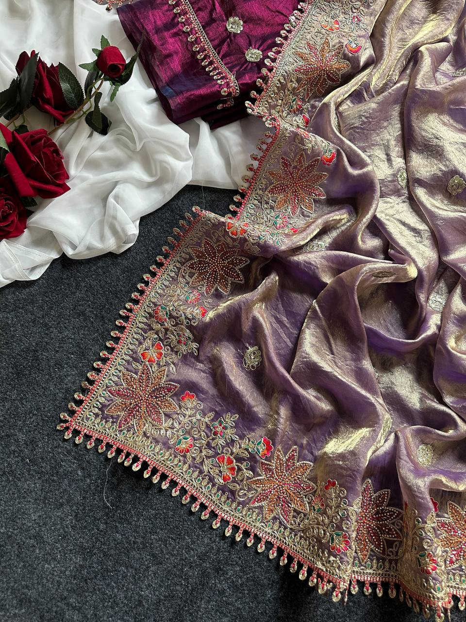 Fandy Satin Silk Saree with Floral Border & Butti Work