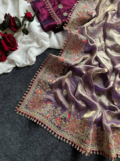 Fandy Satin Silk Saree with Floral Border & Butti Work