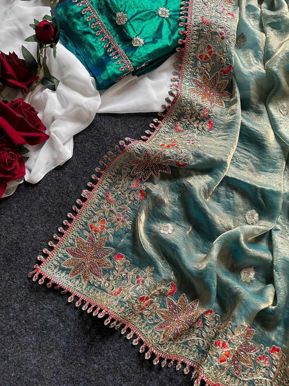 Fandy Satin Silk Saree with Floral Border & Butti Work