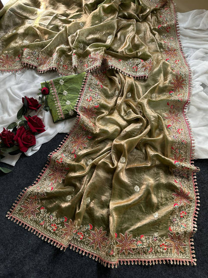 Fandy Satin Silk Saree with Floral Border & Butti Work