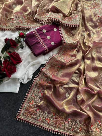 Fandy Satin Silk Saree with Floral Border & Butti Work