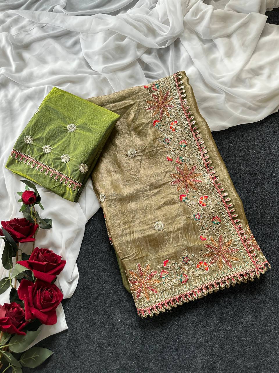 Fandy Satin Silk Saree with Floral Border & Butti Work