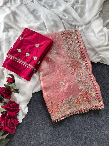 Fandy Satin Silk Saree with Floral Border & Butti Work