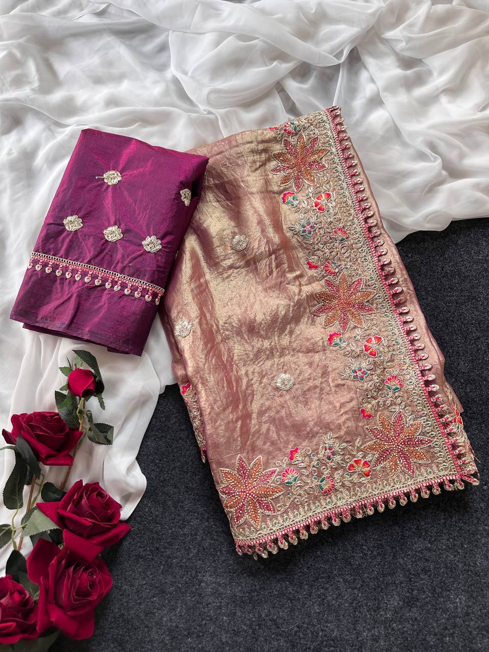 Fandy Satin Silk Saree with Floral Border & Butti Work