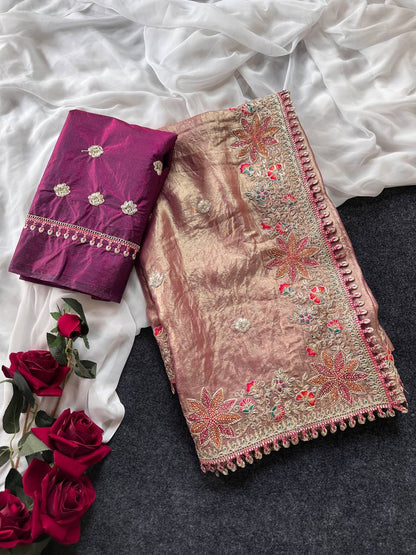 Fandy Satin Silk Saree with Floral Border & Butti Work