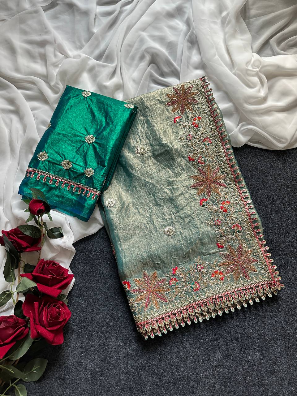 Fandy Satin Silk Saree with Floral Border & Butti Work