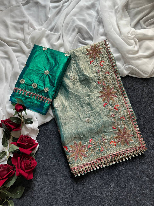 Fandy Satin Silk Saree with Floral Border & Butti Work