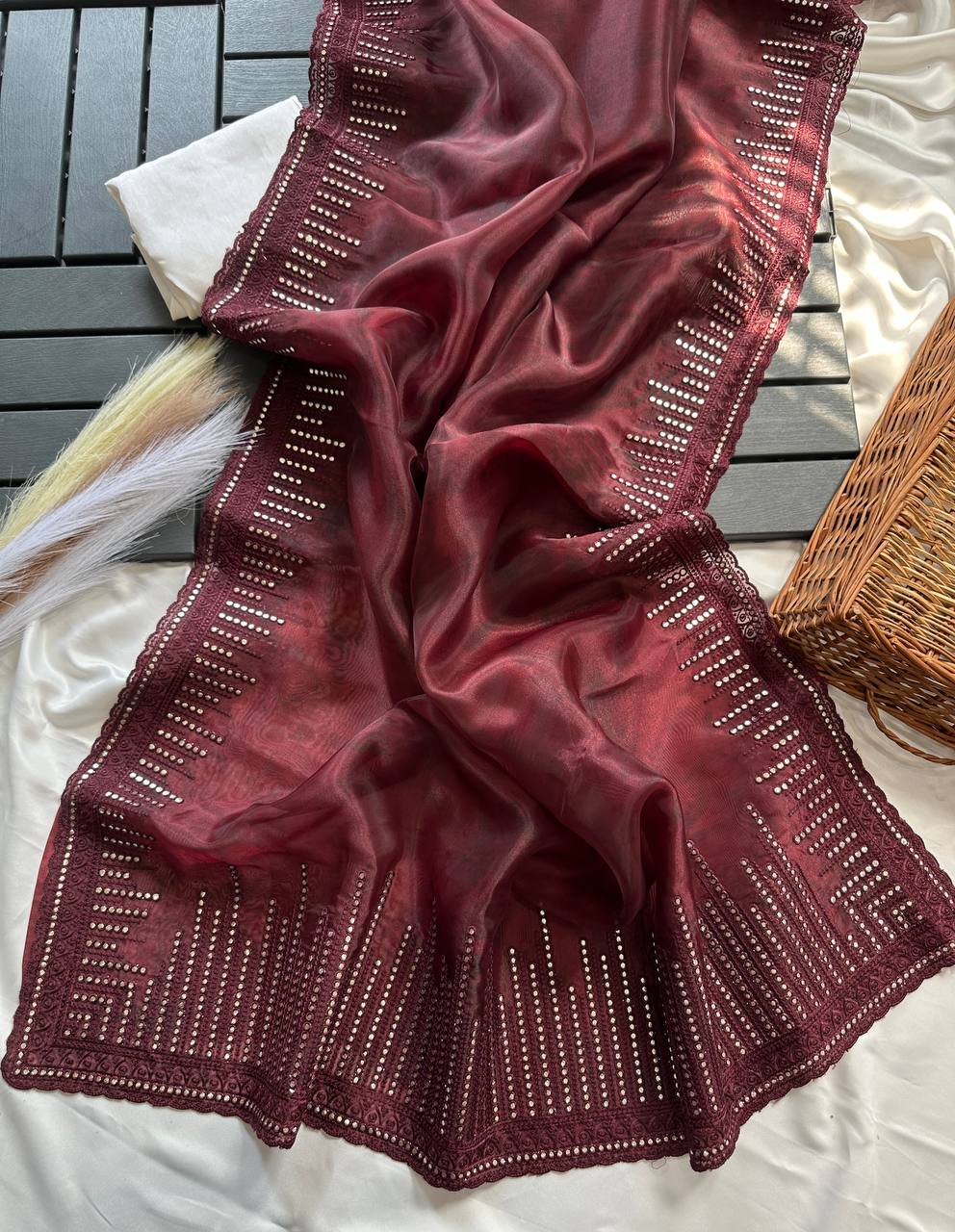 3D Printed Organza Silk Saree with Gota Work
