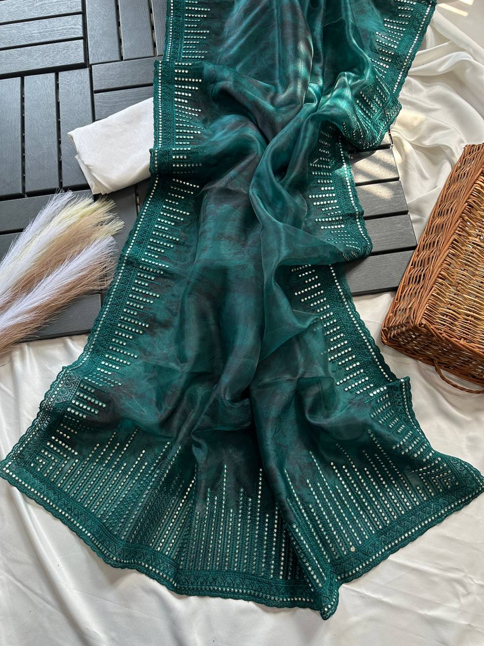 3D Printed Organza Silk Saree with Gota Work