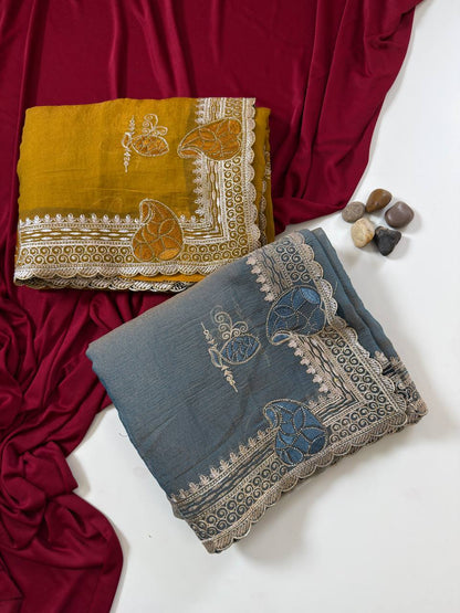 Soft Moss Chiffon Two Tone Embroidered Saree with Diamond Work