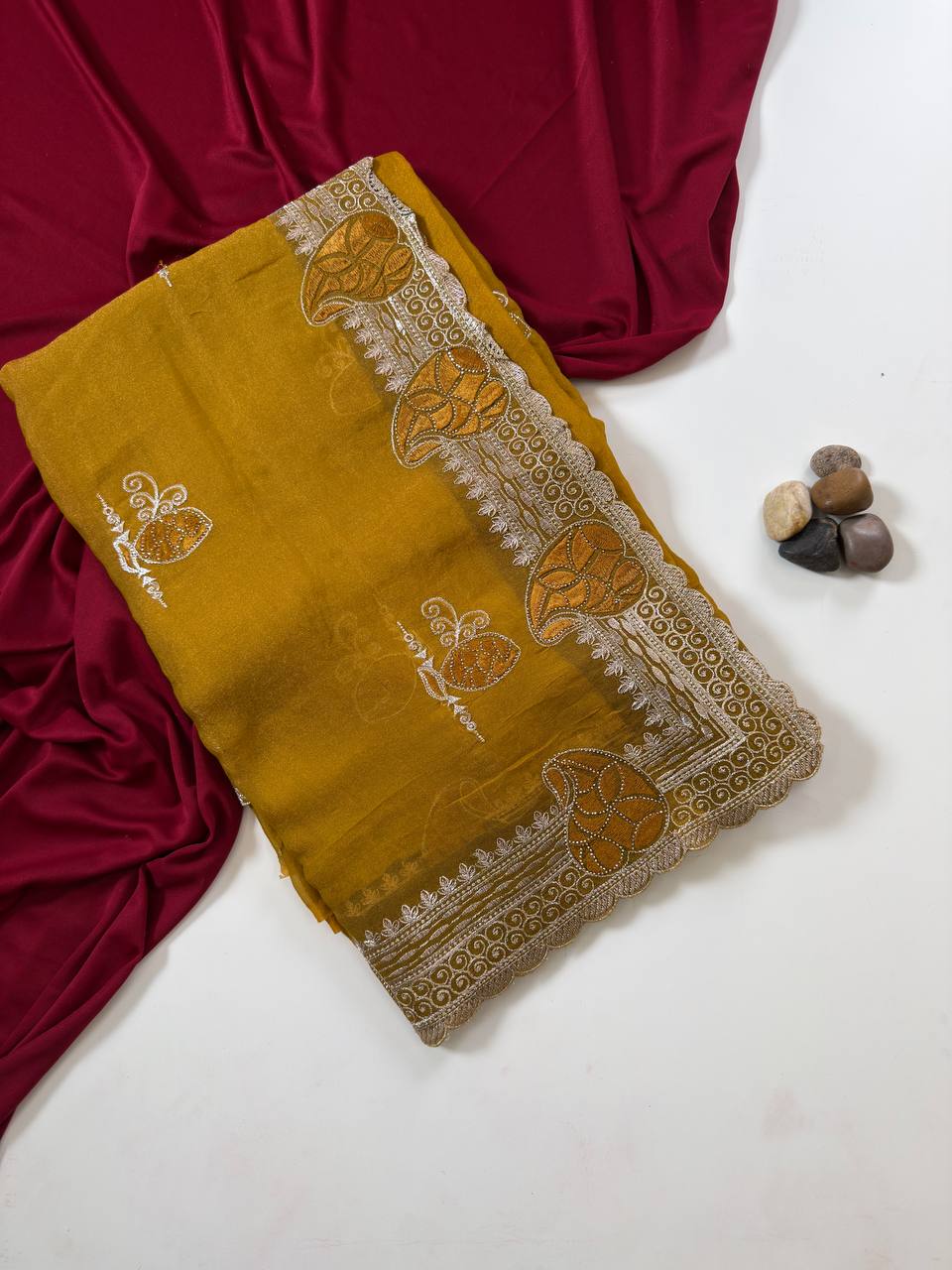 Soft Moss Chiffon Two Tone Embroidered Saree with Diamond Work