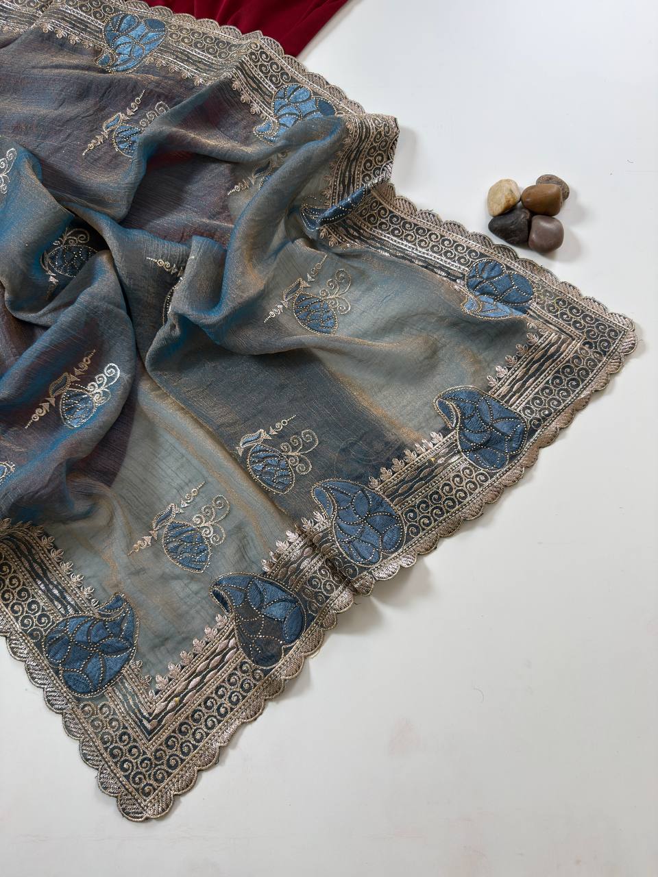 Soft Moss Chiffon Two Tone Embroidered Saree with Diamond Work