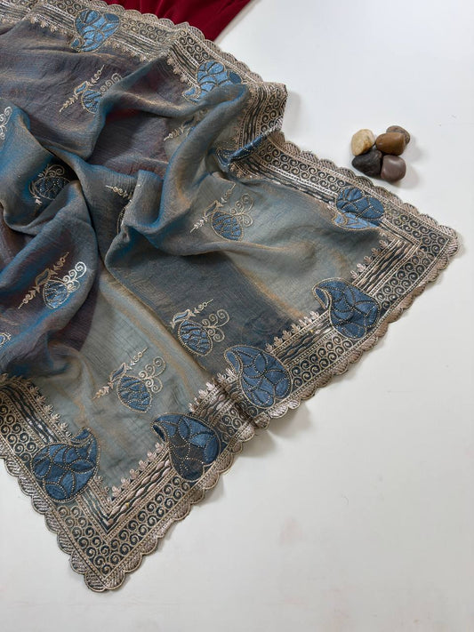 Soft Moss Chiffon Two Tone Embroidered Saree with Diamond Work