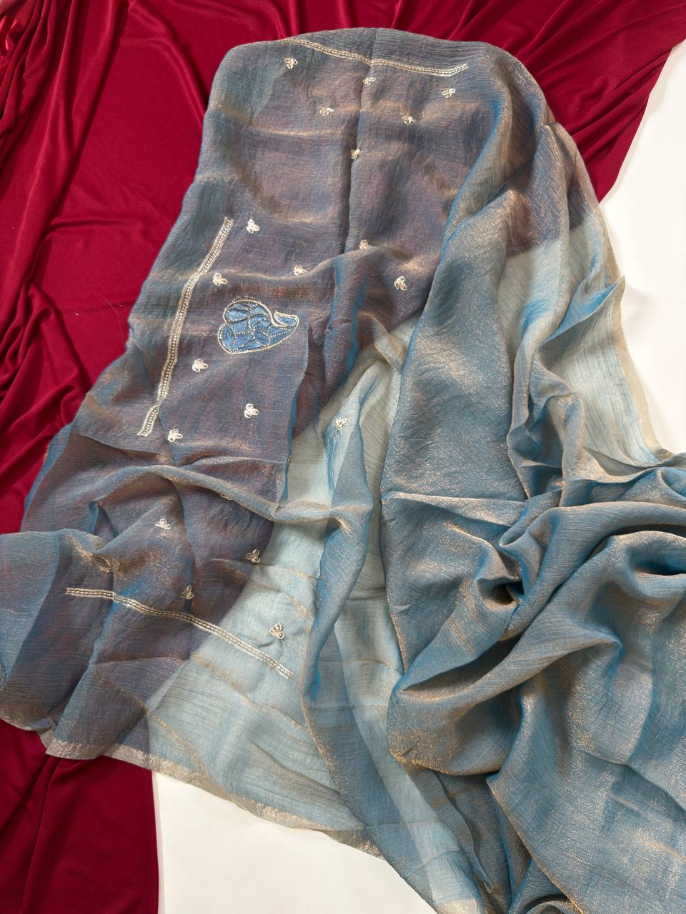 Soft Moss Chiffon Two Tone Embroidered Saree with Diamond Work