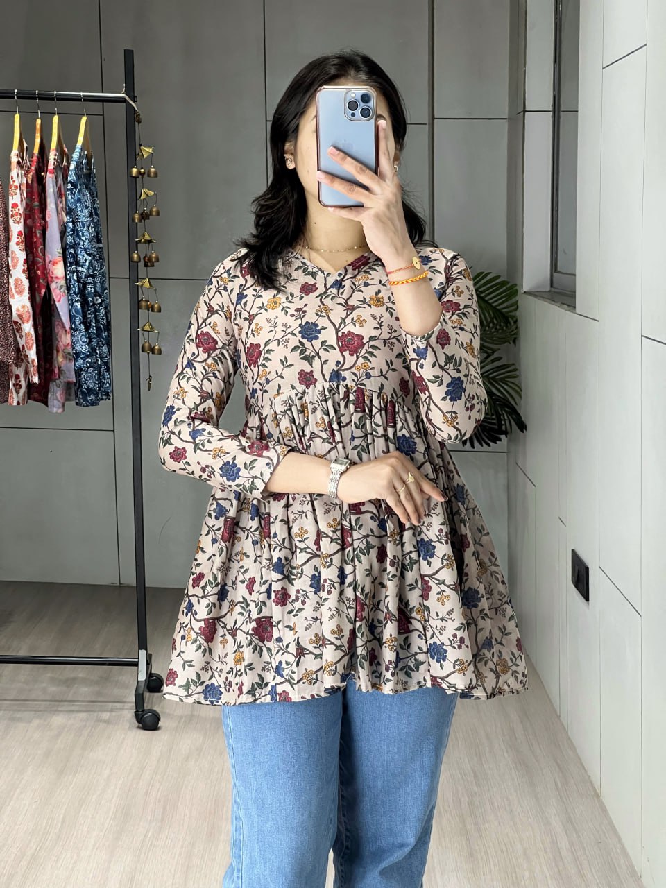Cambric Cotton Floral Printed Short Kurti