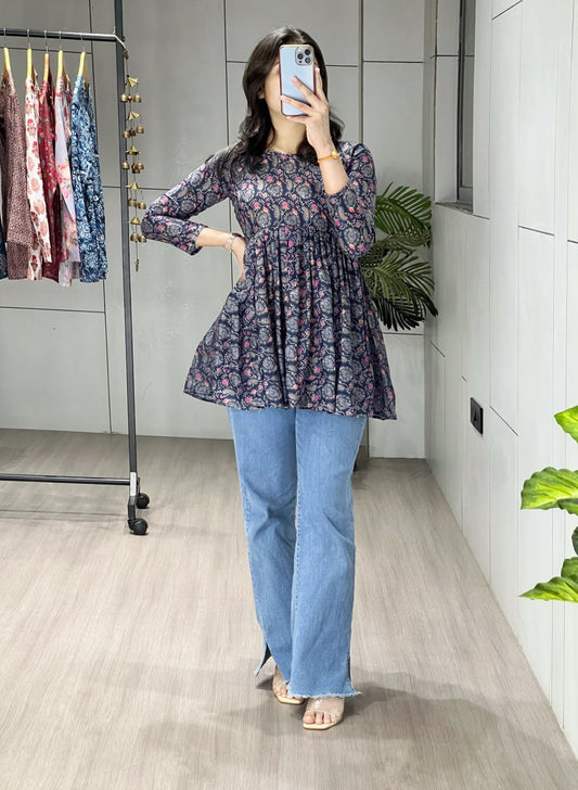 Cambric Cotton Floral Printed Short Kurti
