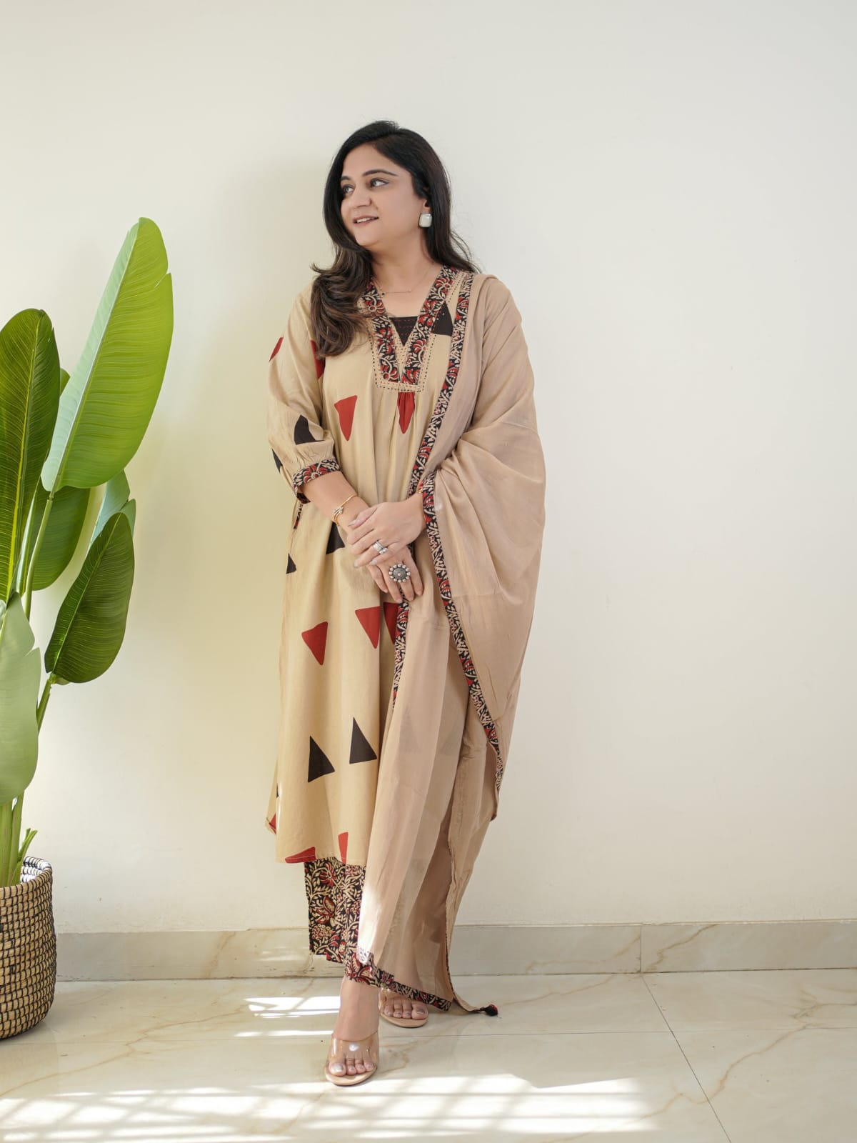 Jaipuri Cotton Kalamkari Suit Set with Ajrakh Dupatta & Bracelet