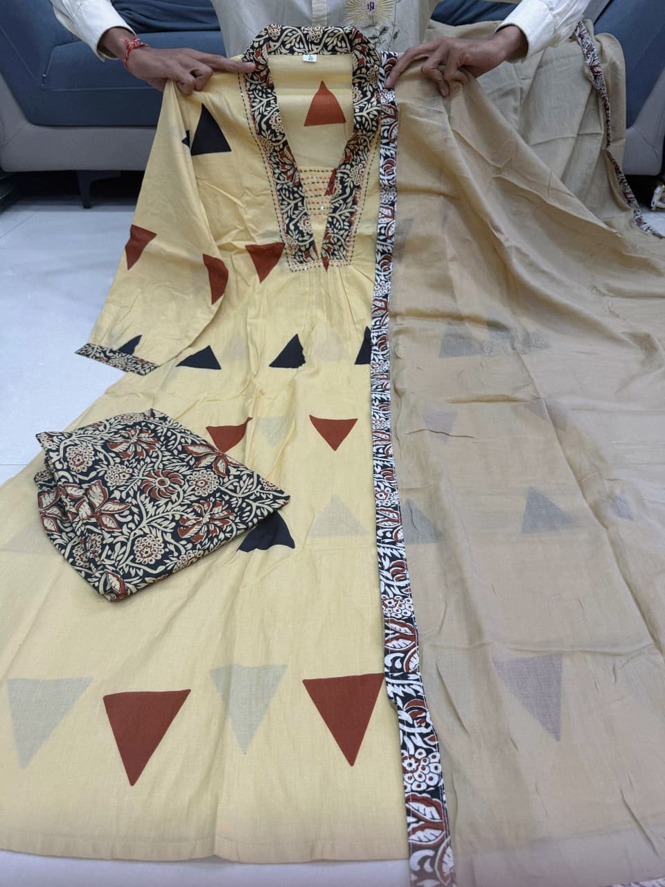 Jaipuri Cotton Kalamkari Suit Set with Ajrakh Dupatta & Bracelet