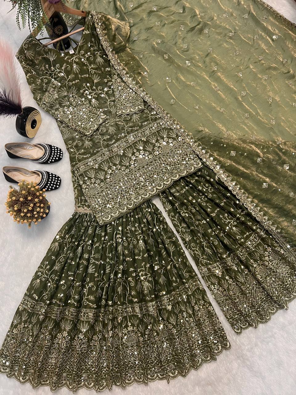 Fandy Crush Silk Sequins Sharara Set