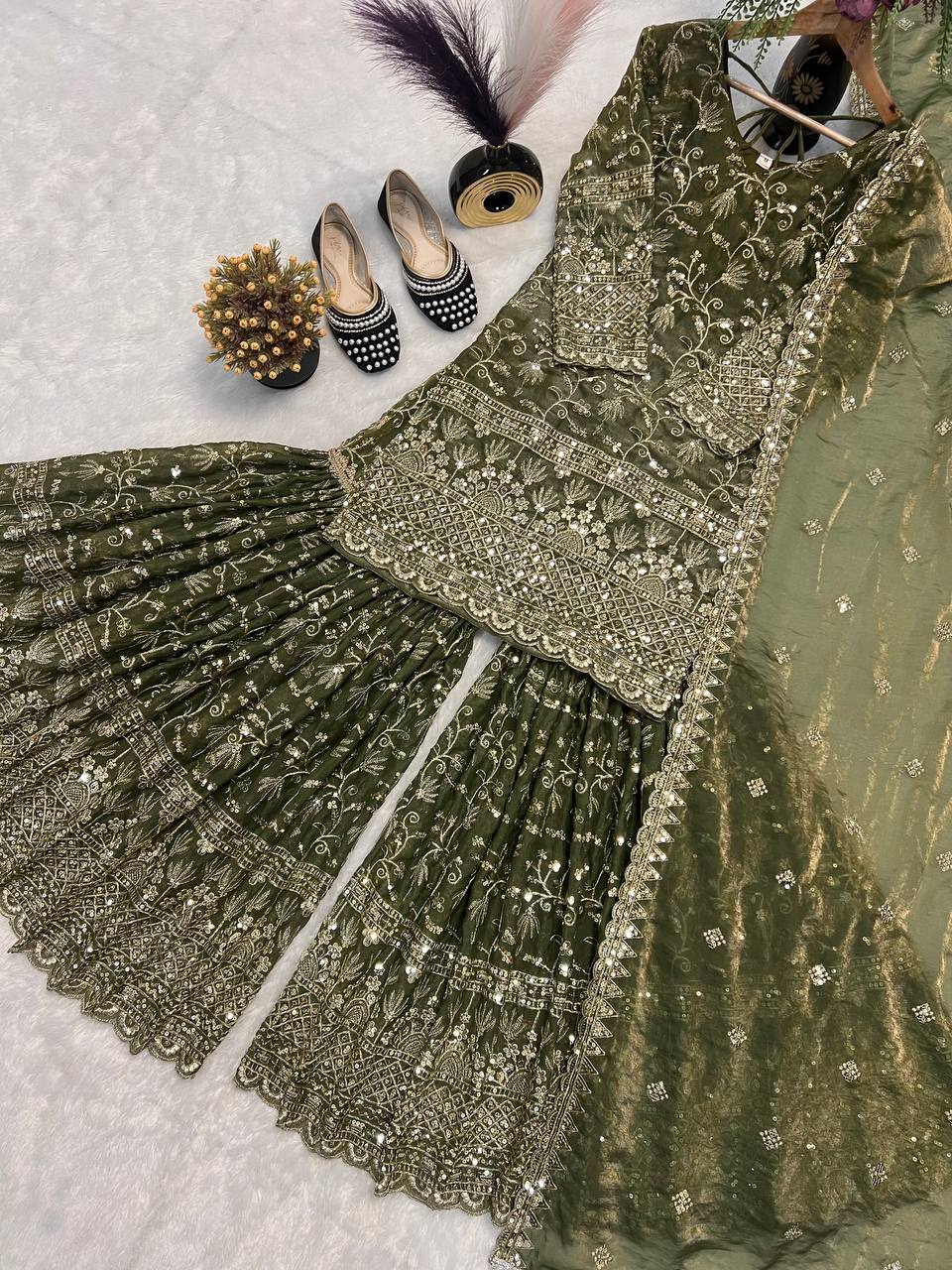 Fandy Crush Silk Sequins Sharara Set