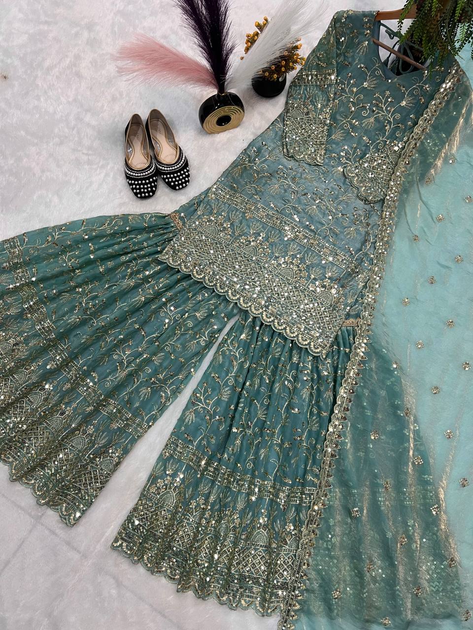 Fandy Crush Silk Sequins Sharara Set
